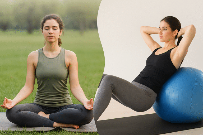 dos mujeres una haciendo yoga y otra pilates